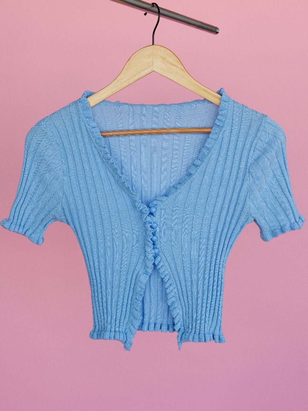 Baby Blue Ruffle Collar Button Up Top